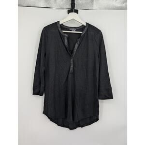 Vince 100% Linen 3/4 Sleeve Black Henley Leather Trim Closet Staple Quiet Luxury